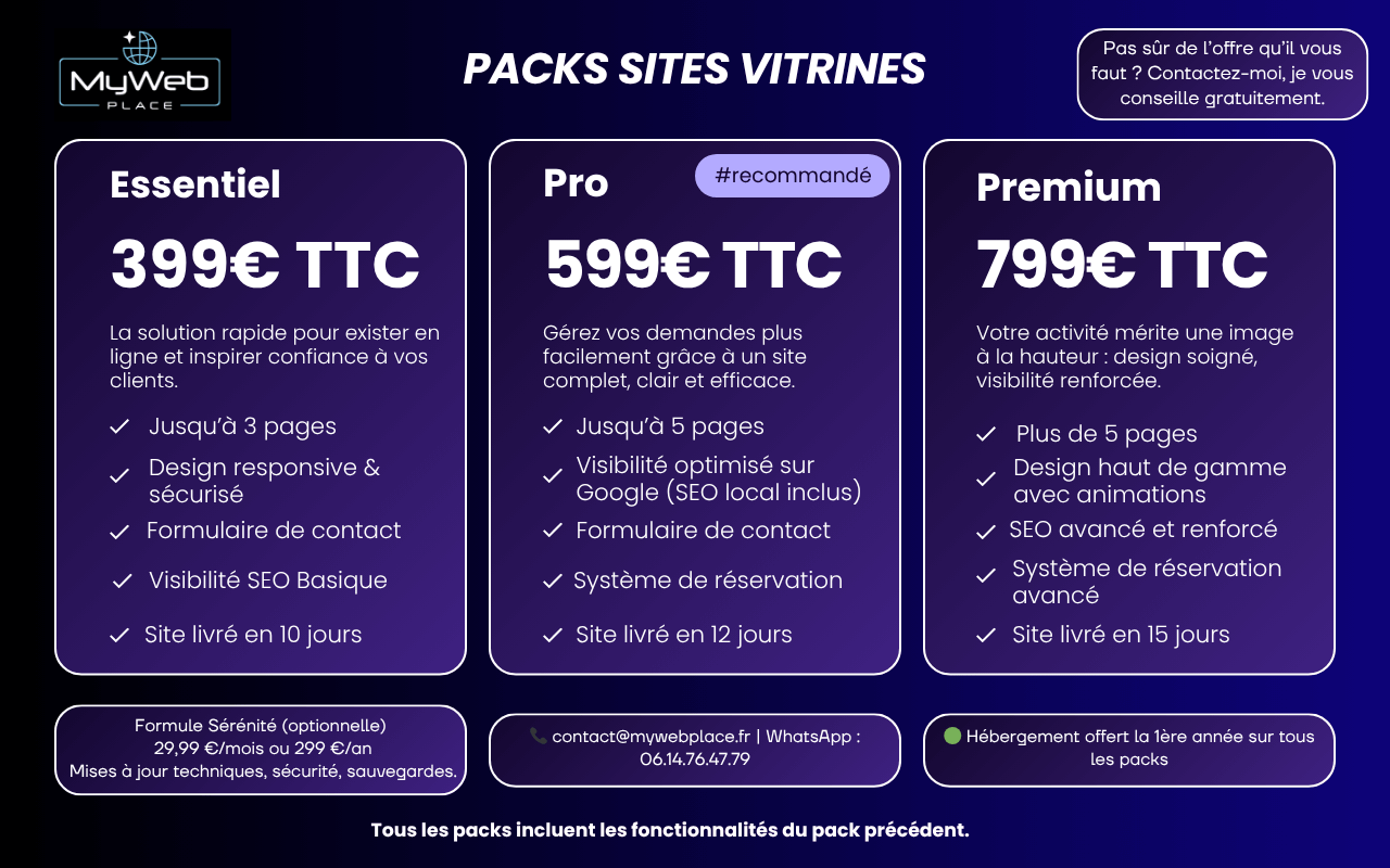 Offres de création de site vitrine à Bordeaux et partout en France : Pack Essentiel 399 € TTC, Pack Pro 599 € TTC avec SEO local, Pack Premium 799 € TTC avec design haut de gamme et SEO avancé