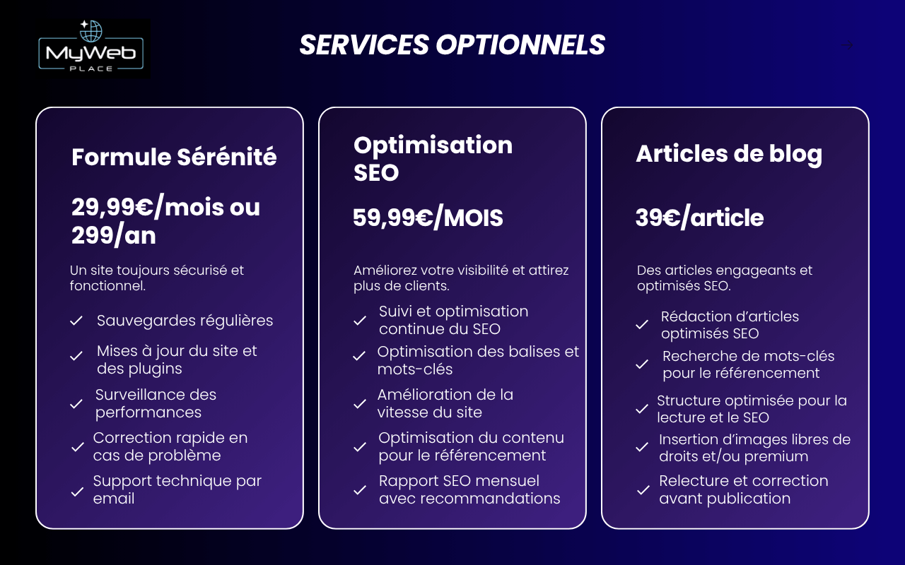 Services optionnels pour site web : Formule Sérénité à 29,99 €/mois ou 299 €/an pour la maintenance, Optimisation SEO à 59,99 €/mois, Rédaction d’articles de blog à 39 € l’article optimisé.
